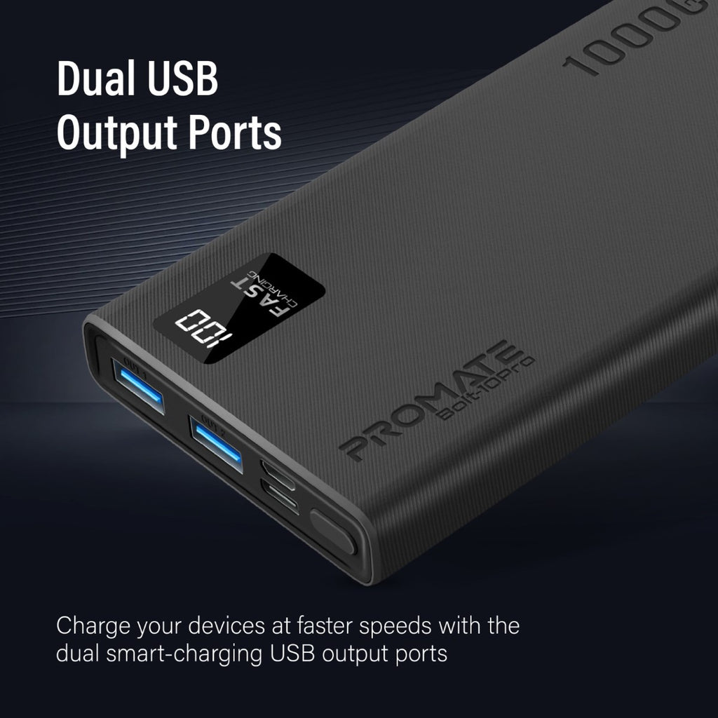 10000mAh Compact Smart Charging Power Bank with Dual USBA & USBC Out