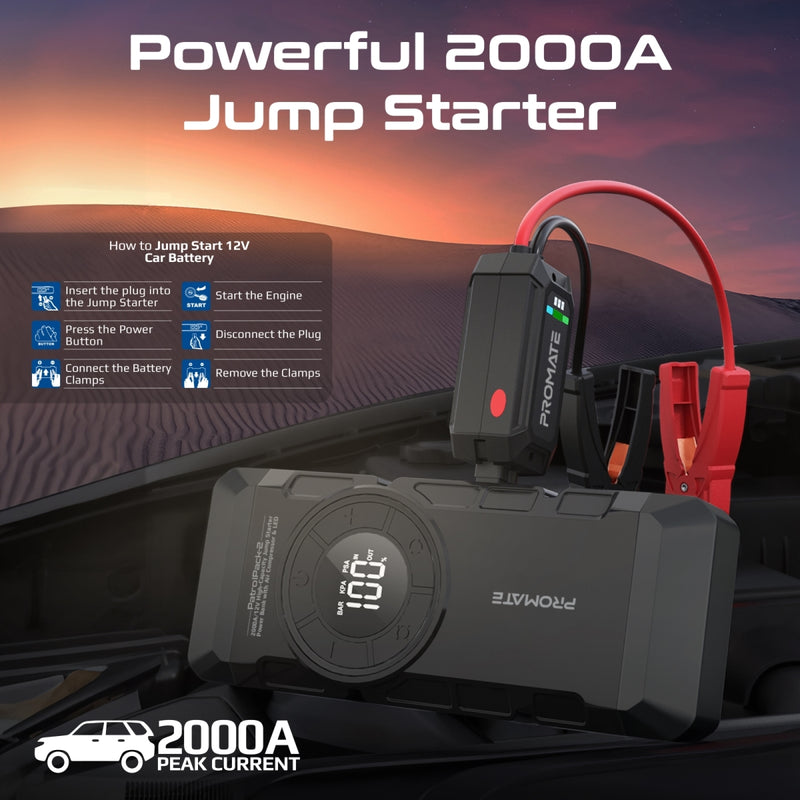 2000A/12V High-Capacity Jump Starter Power Bank with Air Compressor & LED Flashlight