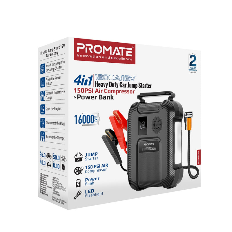 1200A/12V Heavy Duty Car Jump Starter with 150PSI Air Compressor & Pow –  Promate Technologies