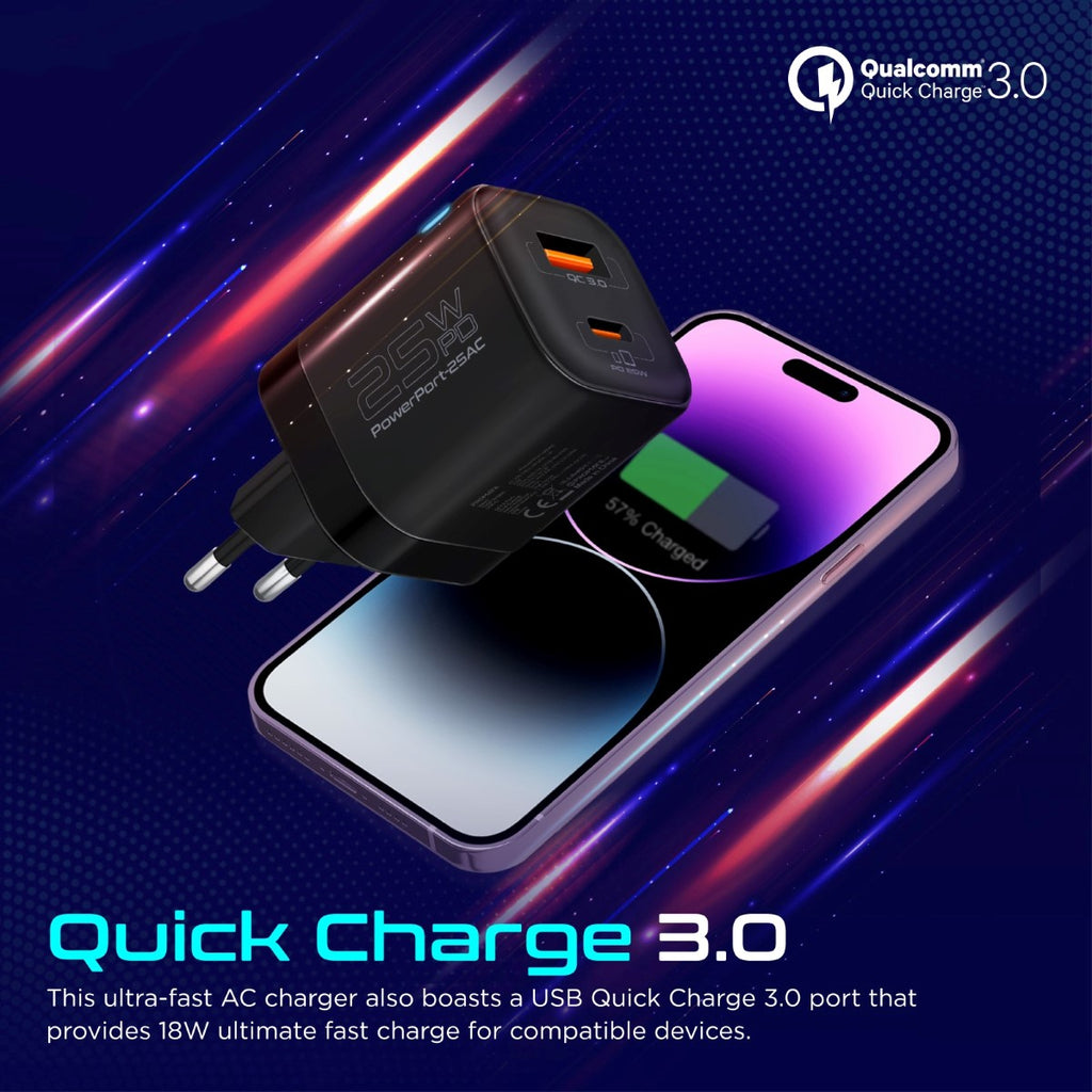 Ultra-Fast Dual Port AC Charger with 25W Power Delivery and QC 3.0 ...