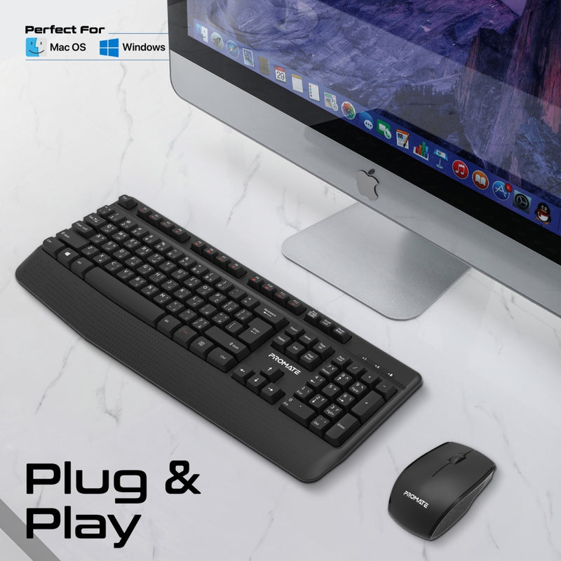 Ergonomic Wireless Multimedia Keyboard with Palm Rest and Ambidextrous Mouse