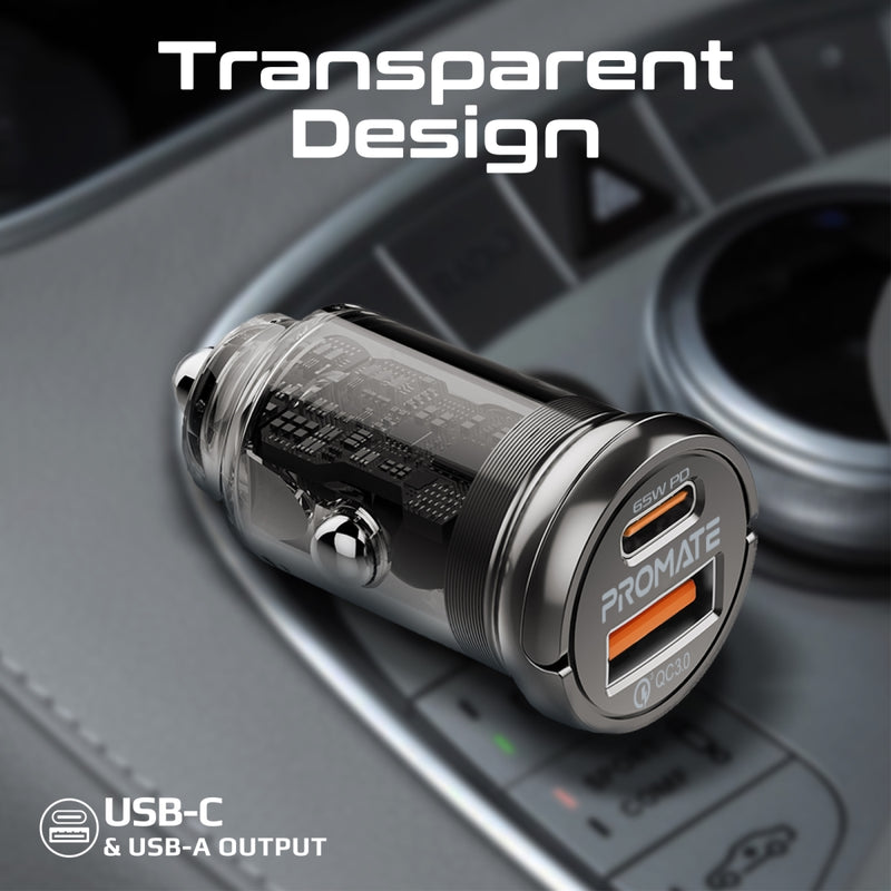 65W RapidCharge™ Transparent Mini Car Charger with Power Delivery & QC 3.0
