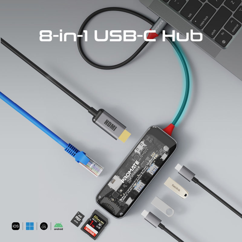 8-in 1 Transparent Ultra-Fast Multiport USB-C Hub with 100W Power Deli ...