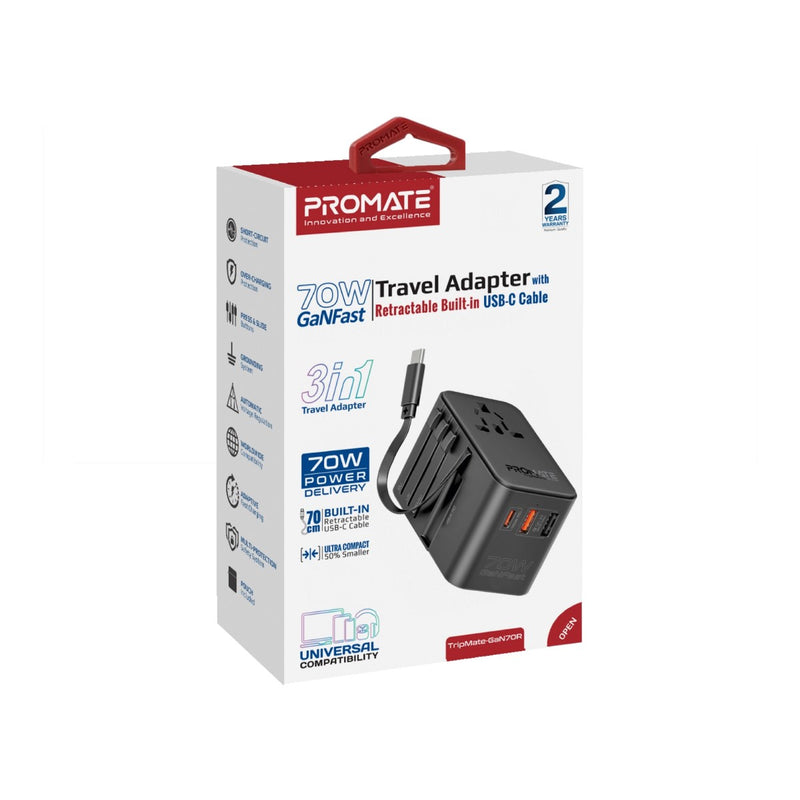 70W GaN Travel Adapter with Retractable Built-in USB-C Cable – Promate ...