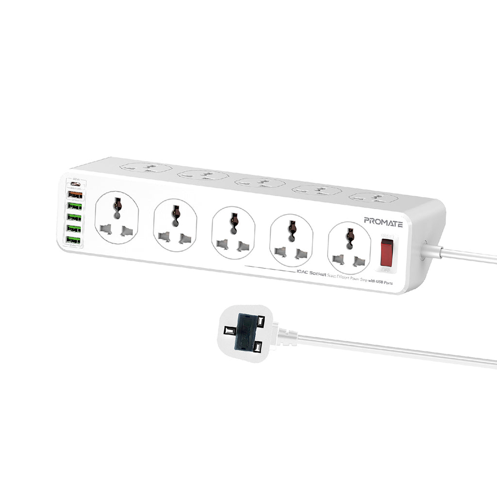 10AC Socket Space Efficient Power Strip with USB Ports Promate