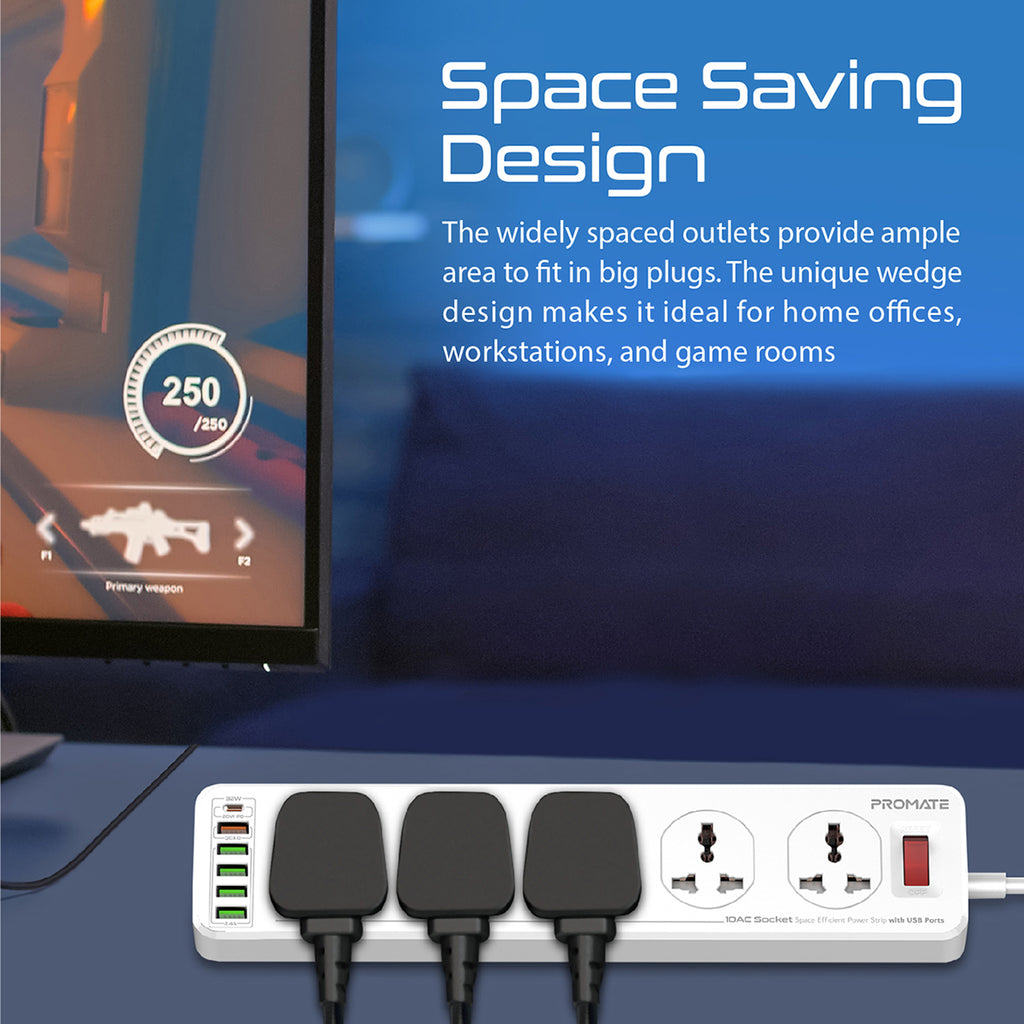 10AC Socket Space Efficient Power Strip with USB Ports – Promate ...