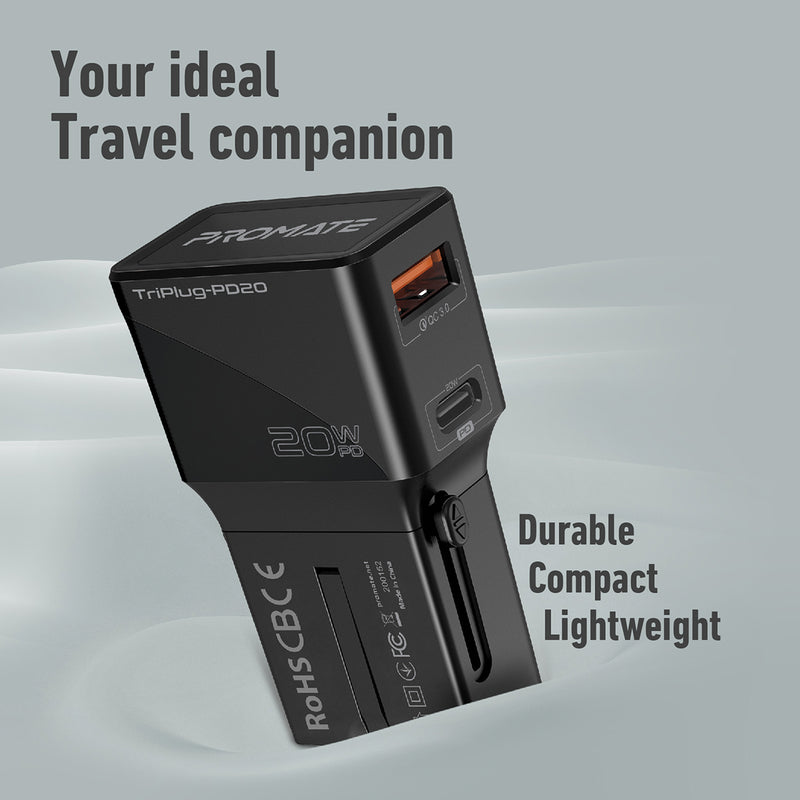 Triplug Sleek Universal Travel Adapter with 20W Power Delivery & Quick Charge ...
