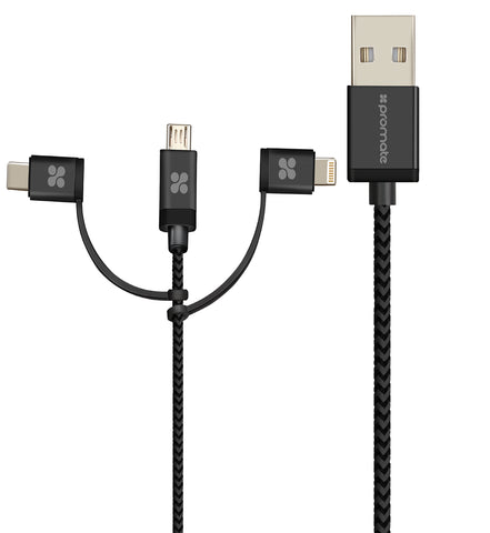 Apple MFi Trio-ended Charge and Sync Cable with Lightning, Type-C, and Micro-USB Connectors